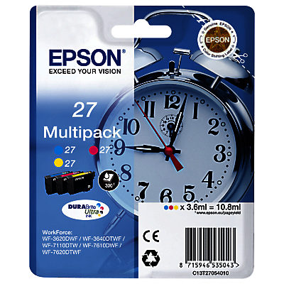 Epson Alarm Clock T2705 Tri-Colour Ink Cartridge Multipack, Pack of 3